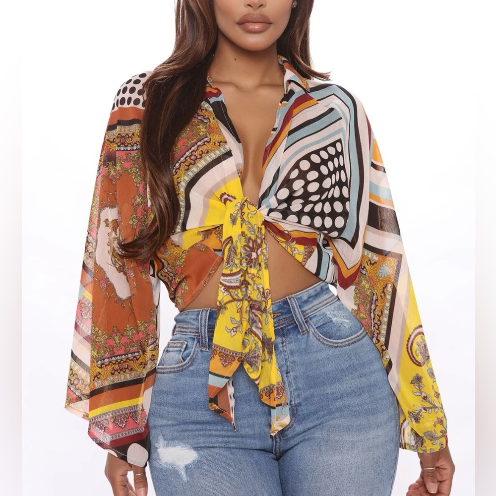 Fashion Nova Top Large Blouse Multicolor Cropped Lightweight Coquette